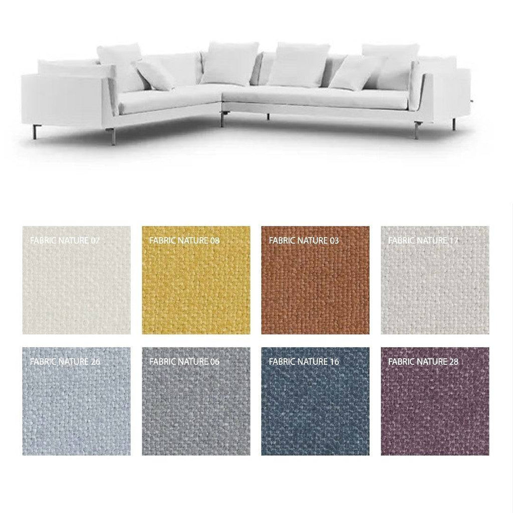 Float High Sectional Sofa by Eilersen with Nature fabric swatches, showcasing soft woven textures in vibrant and muted tones.