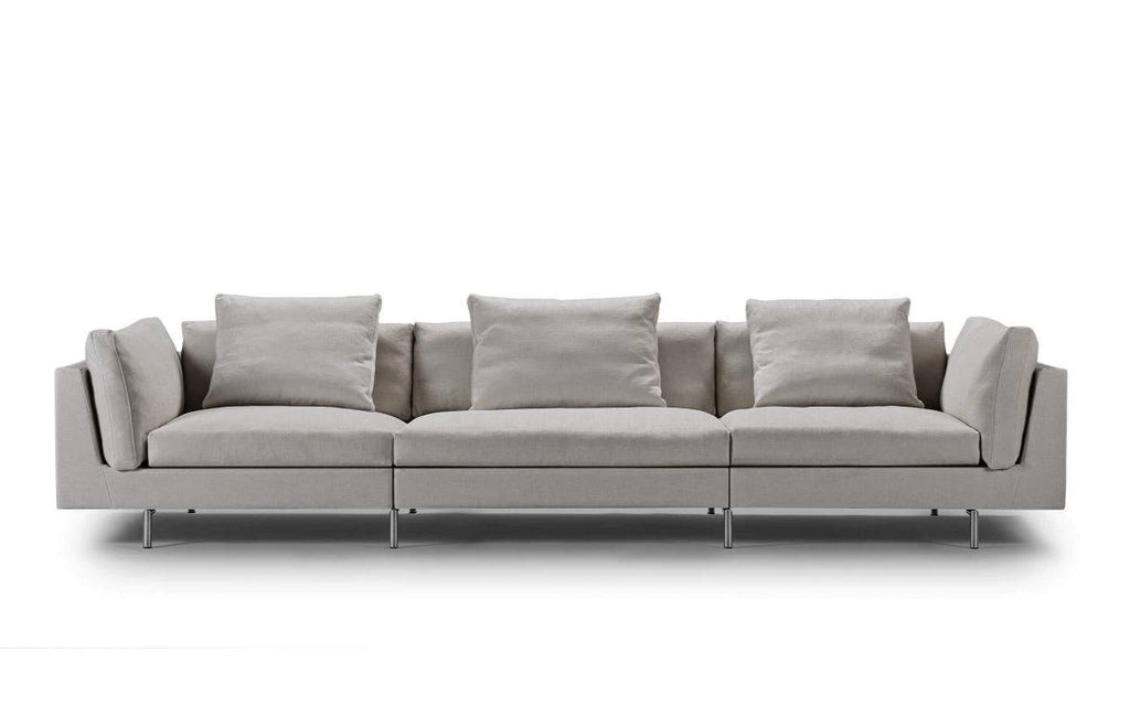 Front view of Float High Sectional Sofa by Eilersen in light grey upholstery with clean lines and modular seating design.