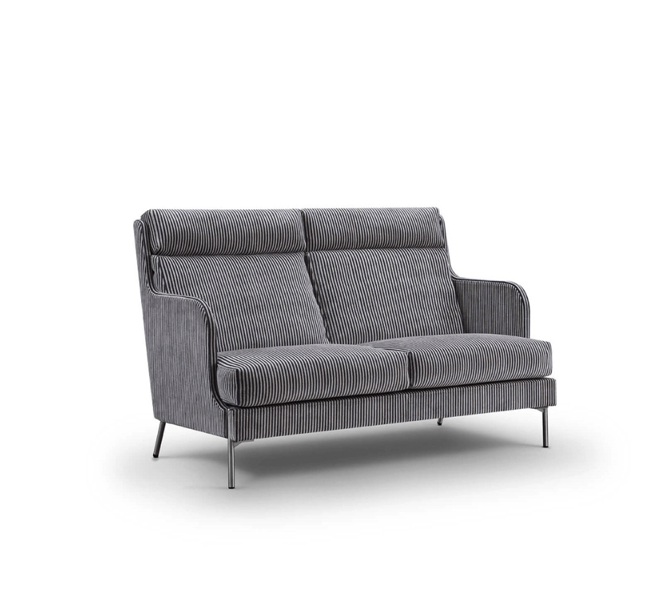 Funen Sofa by Eilersen in striped fabric with slim metal legs, combining minimalist style and ergonomic comfort for modern interiors.