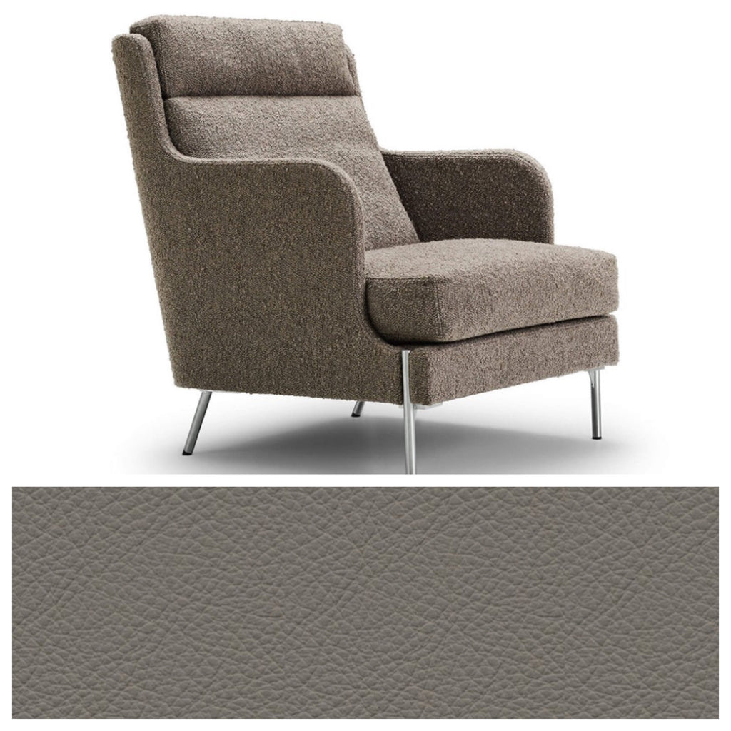 Funen High Back Chair by Eilersen in brown boucle fabric with close-up of Texas 06 leather swatch, highlighting material options.