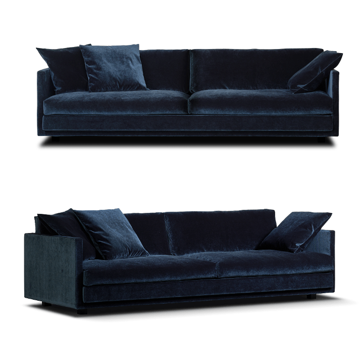Dark blue velvet sofa with plush cushions, modern design, suitable for living room decor, SKU: QUICK-SHIP-644C0240100-Berlin-14