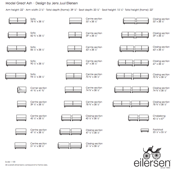 Great Ash Sofa configuration chart by Eilersen, showing various modular layout options and dimensions for custom setups.