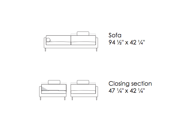 Dimension diagram of The Great Lift Sofa by Eilersen at Trade Source Furniture, showing sofa and closing section measurements in inches.