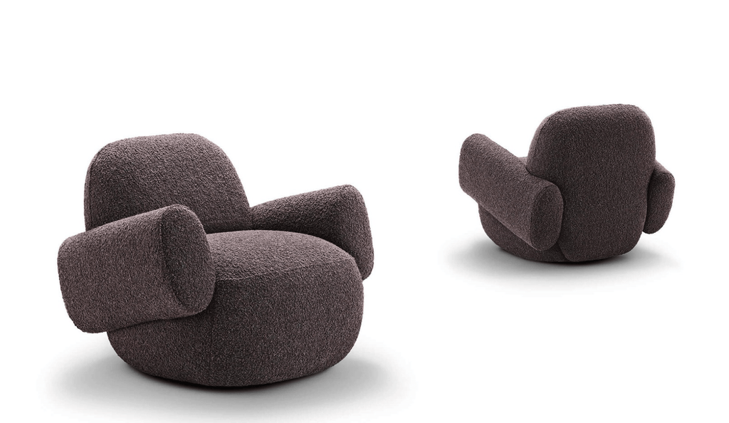 Front and back views of Havana Round Arm Chair by Eilersen in dark boucle, showcasing its sculptural design.