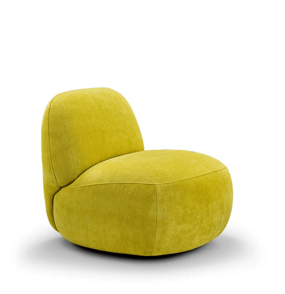 Side and back views of Havana Lounge Chair by Eilersen in dark boucle, highlighting its armless, rounded design.