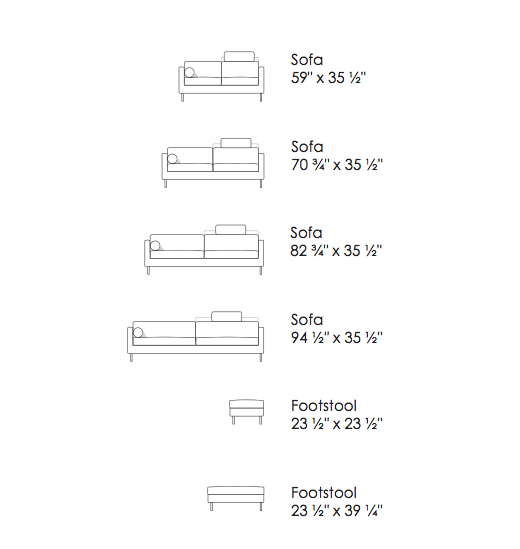 Line drawing of Quick Ship Lift Sofa by Eilersen in five sizes and two footstool options, ideal for space planning in modern interiors.