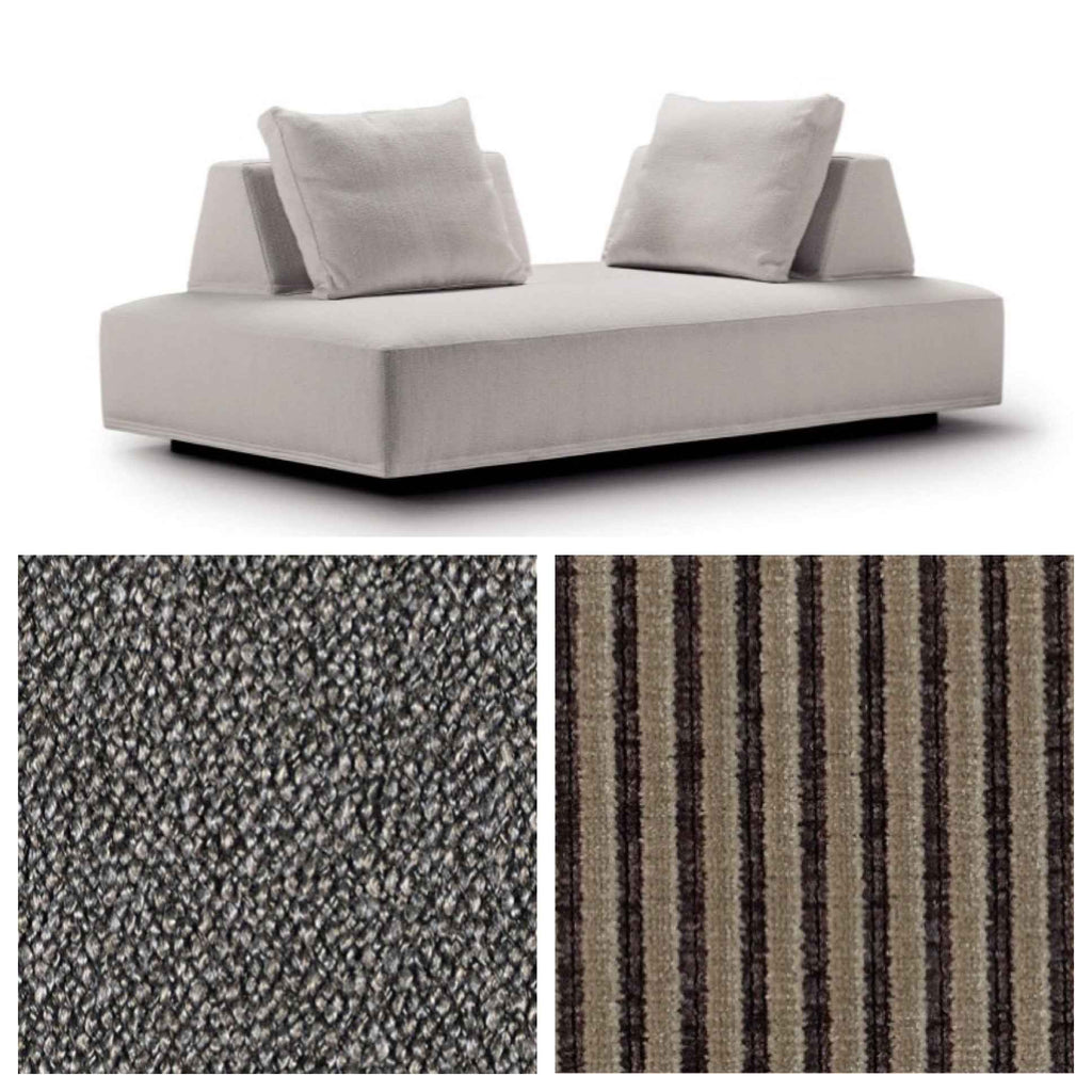 Eilersen Playground Sofa in beige with two fabric swatches, showing textured and striped upholstery options.