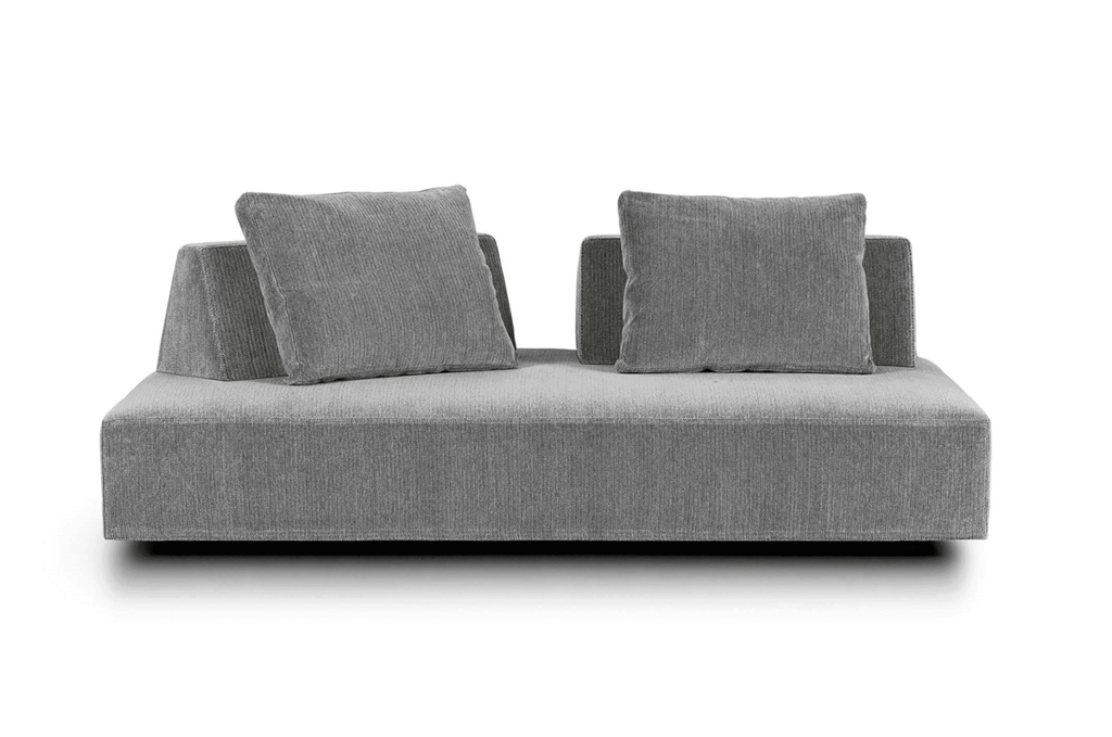 Front view of Eilersen Playground Sofa in grey fabric, highlighting its minimalist Danish design and plush cushions.