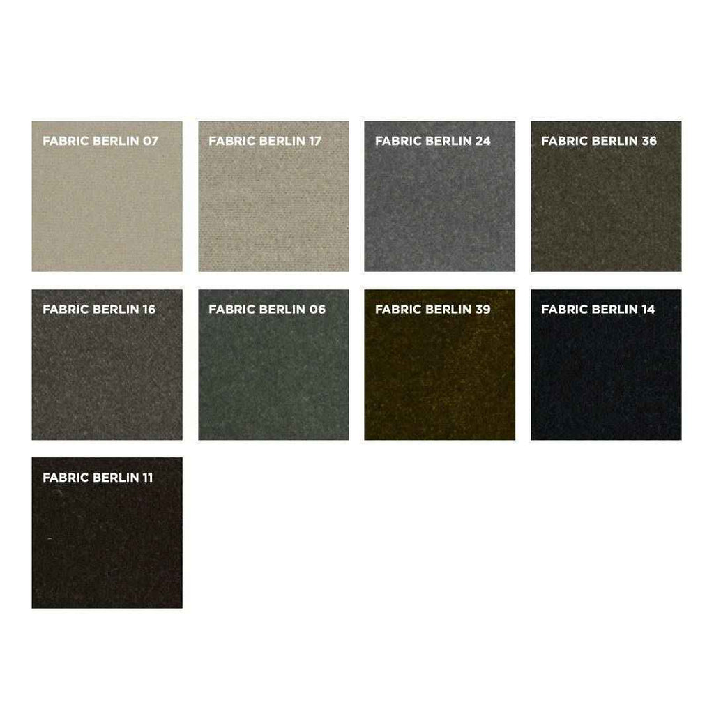 Berlin fabric swatches for Eilersen Playground Sofa, showcasing solid and textured options in earthy and dark hues.