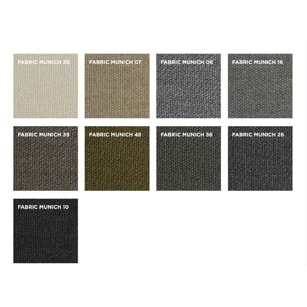 Munich fabric swatches for the Ra Sectional by Eilersen, featuring earthy and dark tones with a soft woven texture.