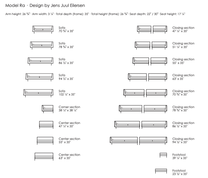 Detailed layout of the Ra Sectional Sofa by Eilersen, showing modular configuration options for customizable seating arrangements.