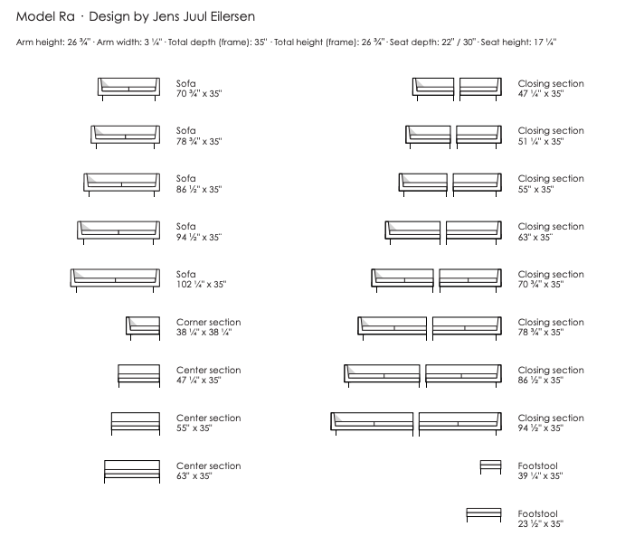 Detailed layout of the Ra Sectional Sofa by Eilersen, showing modular configuration options for customizable seating arrangements.