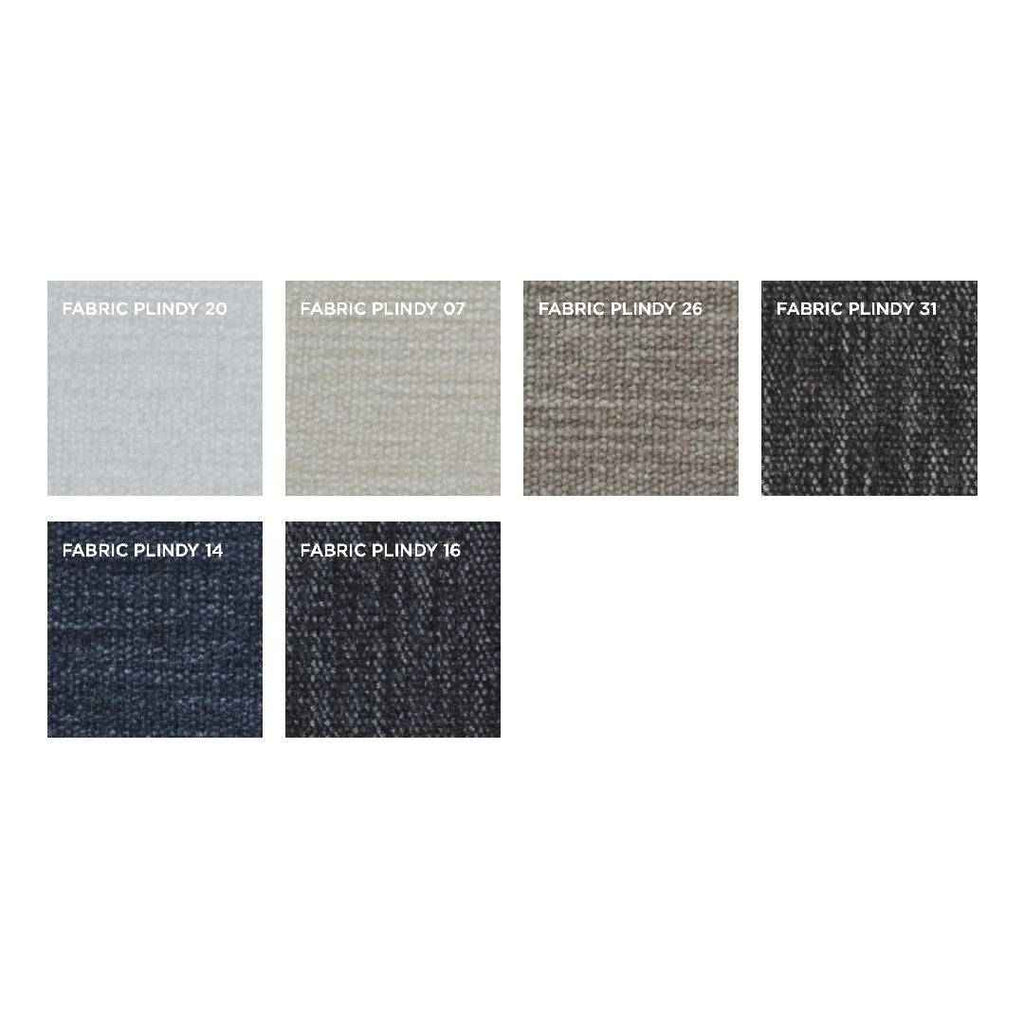 Plindy fabric swatches for the Ra Sectional by Eilersen, offering soft textured options in cool and dark shades.