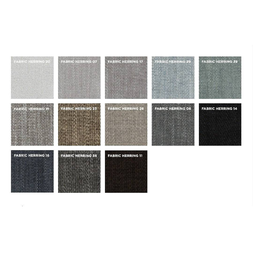 Herring fabric swatches for the Ra Sectional by Eilersen, displaying a herringbone weave in various modern color options.