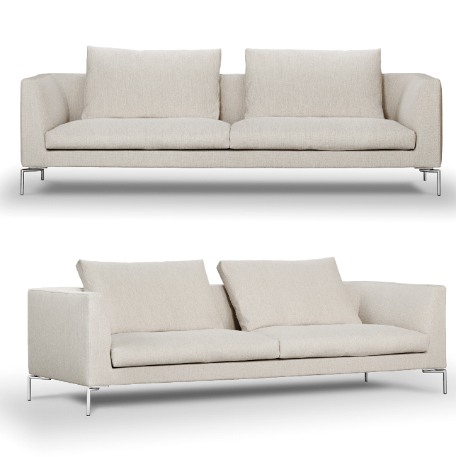 Two views of the Eilersen Ra Sofa in light fabric with metal legs, showcasing its modern design and comfort, available at Trade Source Furniture.