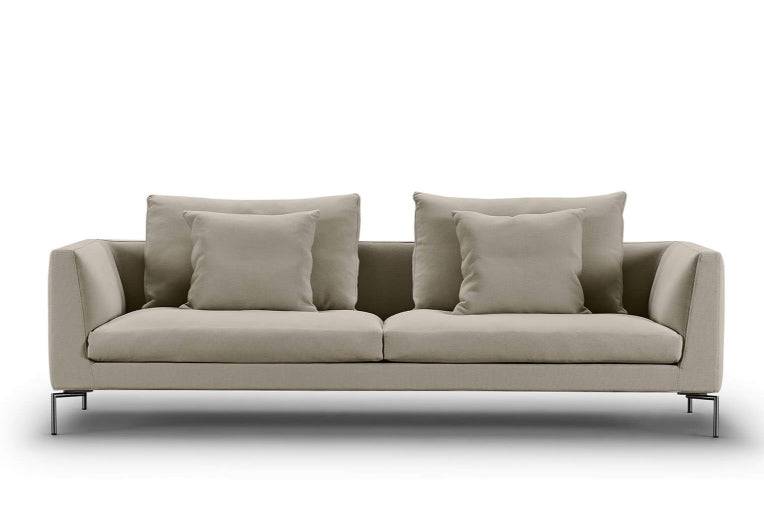 Front view of Eilersen Ra Sofa in Gravel 7 fabric with plush cushions and slim metal legs, featured in the Quick Ship collection.