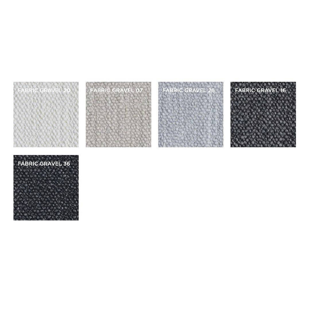 Fabric Gravel swatch options for Streamline Sofa by Eilersen at Trade Source Furniture, offering 5 soft textured fabric colors in greyscale.