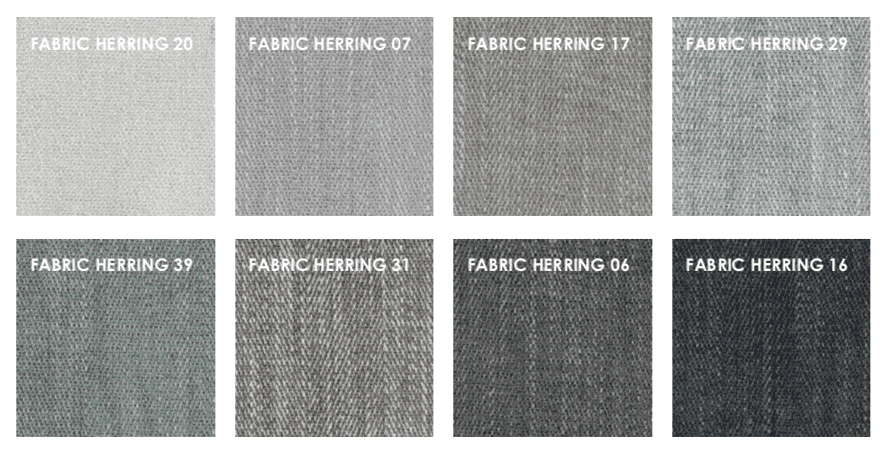 Fabric Herring swatch options for Streamline Sofa by Eilersen at Trade Source Furniture, featuring 8 woven textures in cool and neutral tones.