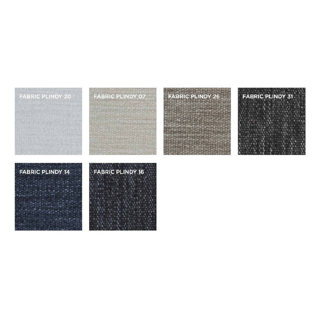 Fabric Plindy swatch options for Streamline Sofa by Eilersen at Trade Source Furniture, featuring 7 soft textured fabrics in muted tones.