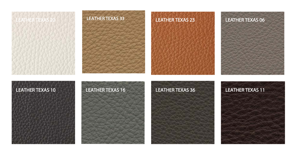 Leather swatch options for Funen Sofa and Chairs by Eilersen, featuring eight shades including Texas 06, 10, 11, and 33.