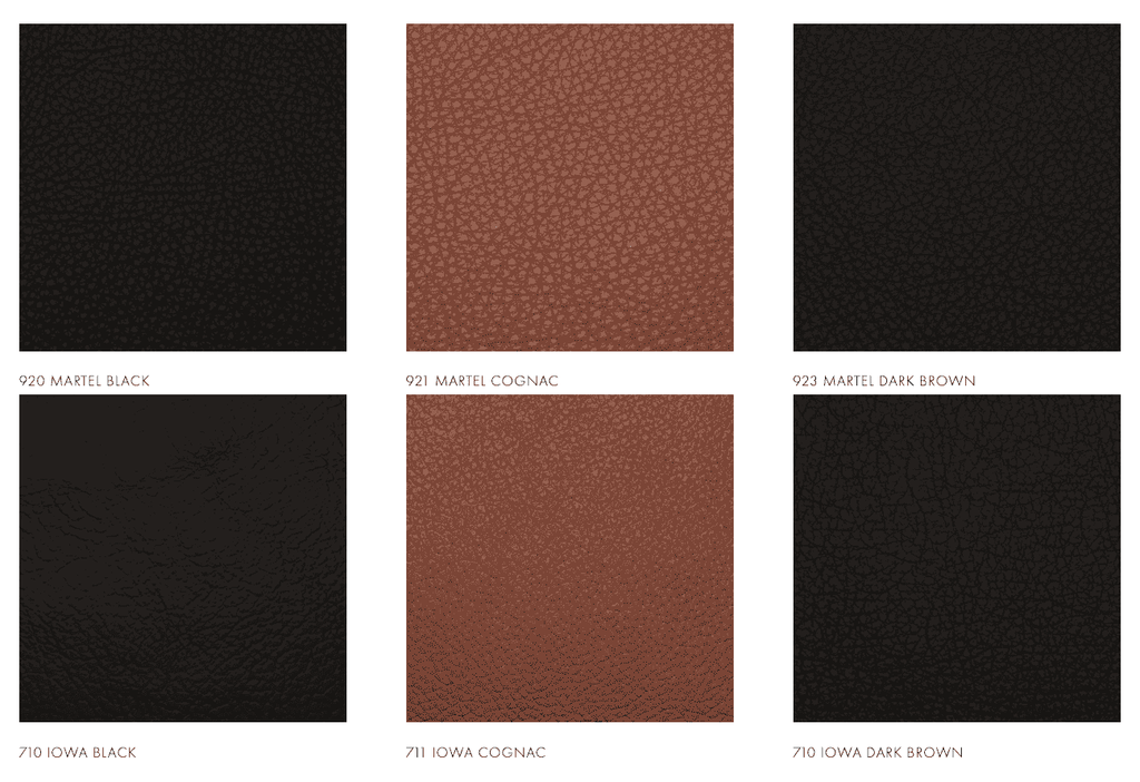Leather swatch options for the Innovation Living Neah Sleeper Sofa Bed, featuring 6 shades including Martel and Iowa in black, cognac, and dark brown.