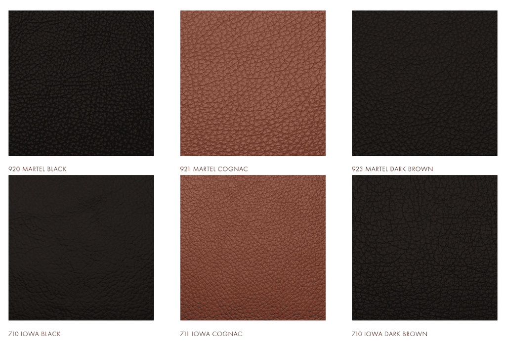 Leather swatch options for the Innovation Living Neah Sleeper Sofa Bed, featuring 6 shades including Martel and Iowa in black, cognac, and dark brown.