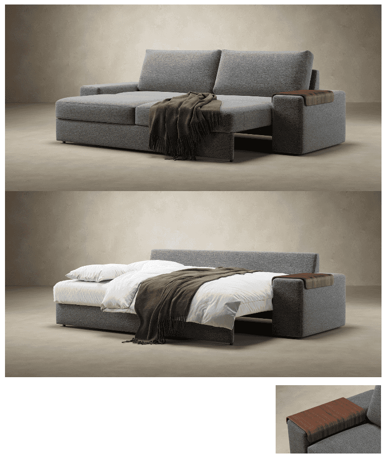 Gray fabric Vilander sofa bed with wide arms, side wooden armrest, and throw blanket in a minimalist bedroom setting