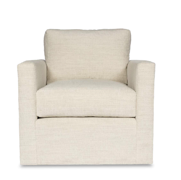 Cream-colored armchair with tailored fabric upholstery, compact design, wide armrests, and cushioned seat, ideal for cozy spaces