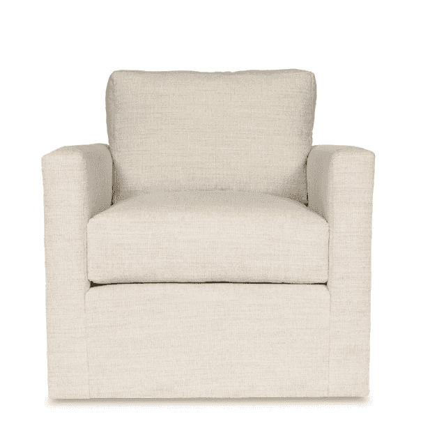 Cream-colored armchair with tailored fabric upholstery, compact design, wide armrests, and cushioned seat, ideal for cozy spaces