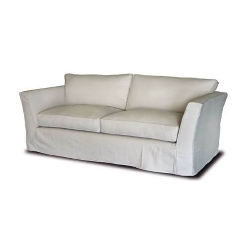 Classic white sofa with clean lines and slipcover, suitable for a modern or traditional living space, with detailed product specifications