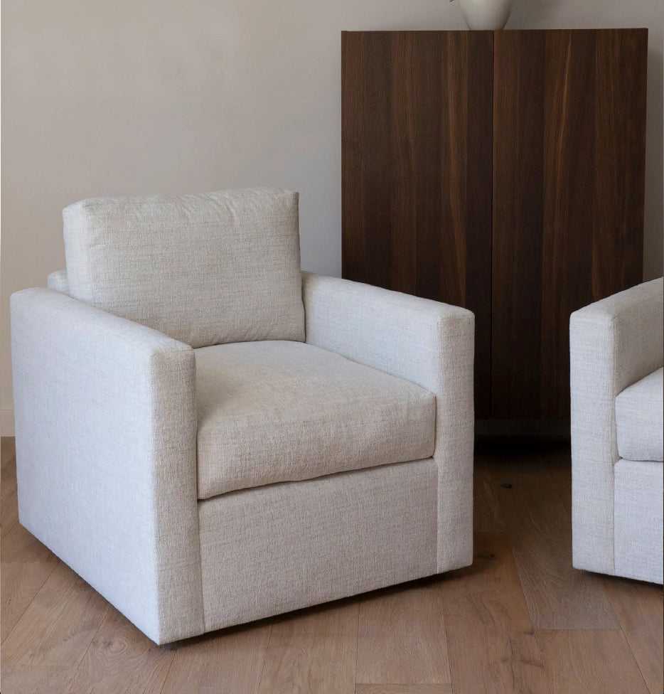 Olive lounge chair with beige fabric upholstery, boxy design, wide armrests, and plush cushion, perfect for modern living rooms - SKU: Olive-DUL