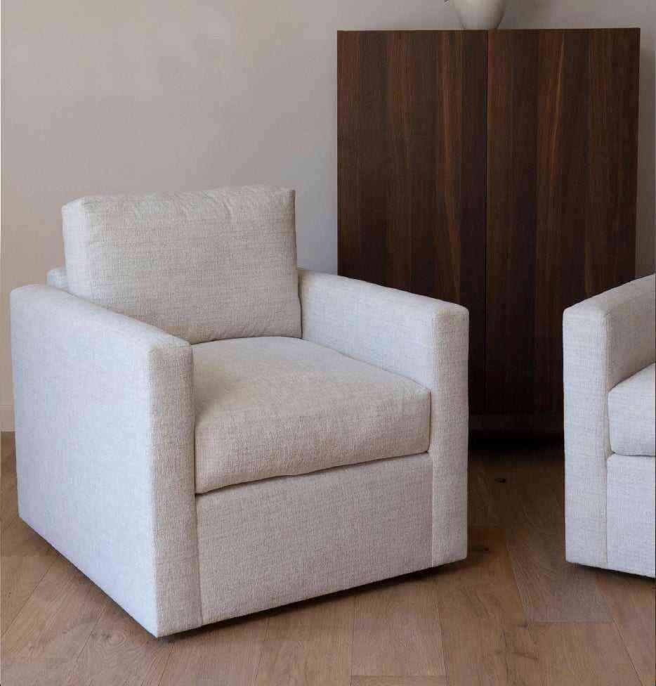 Olive lounge chair with beige fabric upholstery, boxy design, wide armrests, and plush cushion, perfect for modern living rooms - SKU: Olive-DUL