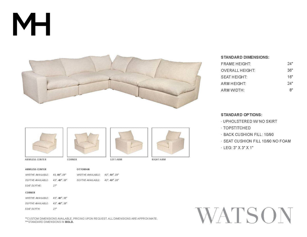 Beige sectional sofa with plush cushions and wide armrests, designed for comfortable lounging, part of Watson Modular Sofa collection.