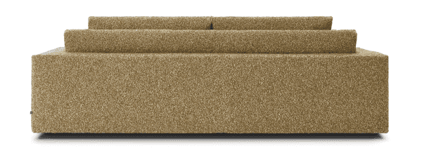 Rear view of the Amon Sofa by Eilersen in golden fabric, emphasizing its structured backrest and high-quality craftsmanship.