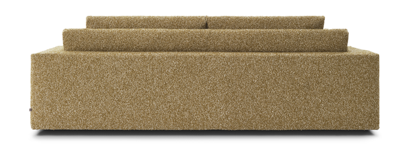 Rear view of the Amon Sofa by Eilersen in golden fabric, emphasizing its structured backrest and high-quality craftsmanship.