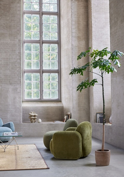 Contemporary living room with Havana Lounge Chairs by Eilersen in various colors, styled with modern shelving and neutral decor.