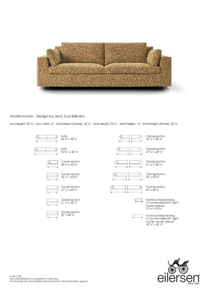 Amon Sofa by Eilersen product sheet with dimensions and configurations, designed by Jens Juul Eilersen for premium comfort and durability.