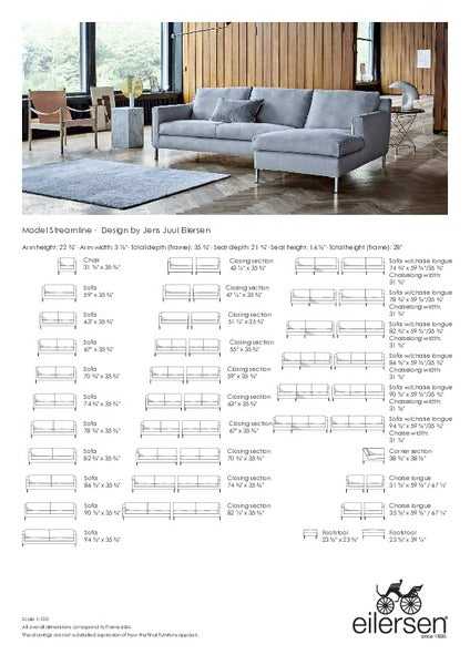 Streamline Sofa by Eilersen at Trade Source Furniture product sheet with dimensions, configurations, and layout options for customization.