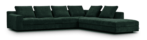 Studio shot of the Aton Mini Sofa by Eilersen in green upholstery, highlighting its L-shape and modern silhouette. Premium compact sofa for contemporary homes.