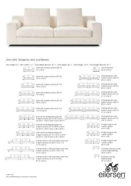 Aton Mini Sofa by Eilersen product dimensions and configuration guide with detailed measurements and layout options. Ideal for planning luxury seating.