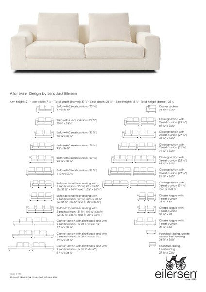 Aton Mini Sofa by Eilersen product dimensions and configuration guide with detailed measurements and layout options. Ideal for planning luxury seating.