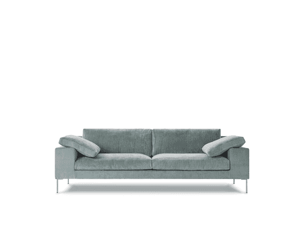 Front view of Shu Sofa by Eilersen in soft blue upholstery with plush cushions and sleek metal legs, ideal for contemporary interiors.