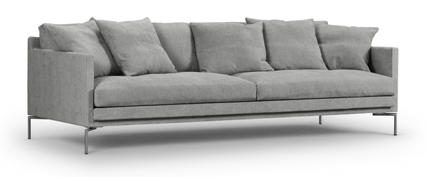 Angled view of Ash Sofa by Eilersen in grey upholstery, highlighting its slim metal legs and modular design at Trade Source Furniture.