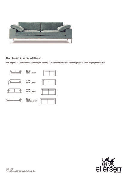 Product dimensions and design specs for Shu Sofa by Eilersen, including arm height, seat height, and available sizes for custom furniture planning.
