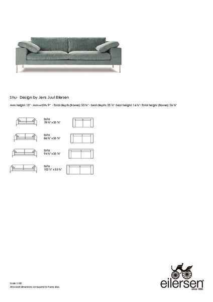 Product dimensions and design specs for Shu Sofa by Eilersen, including arm height, seat height, and available sizes for custom furniture planning.