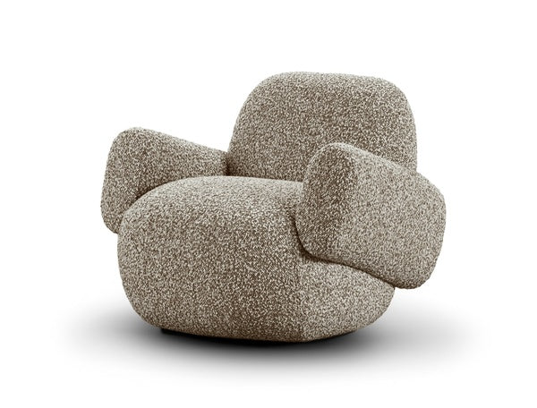 Front view of Havana Lounge Chair by Eilersen in beige boucle, featuring a rounded back and armless silhouette.