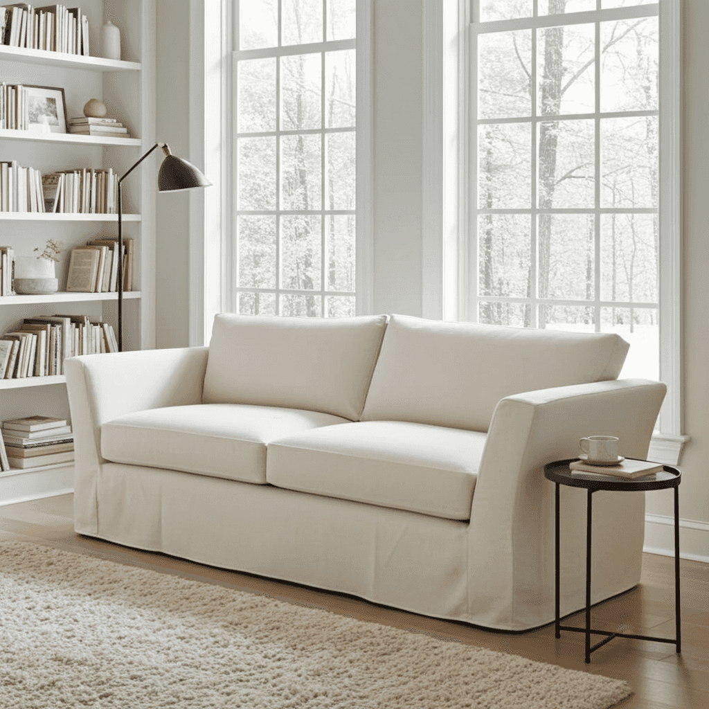 Elegant white slipcovered sofa with rolled arms and tailored skirt, ideal for a cozy living room, next to a black side table with a cup and books