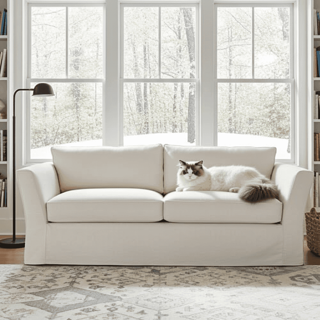 Bright living room with white sofa featuring a cat lounging on it, large windows with snowy outdoor view, and a black floor lamp