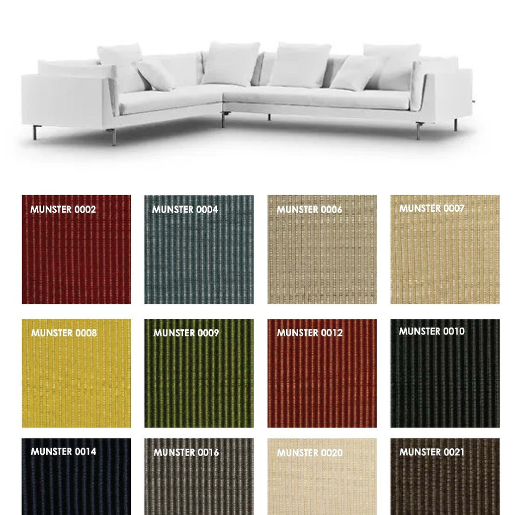 Float High Sectional Sofa by Eilersen with Munster fabric swatches, featuring ribbed textures in bold and neutral color options.