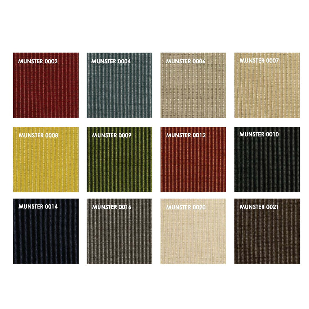 Fabric Munster swatches for Dacapo Sofa by Eilersen, showcasing 12 ribbed fabric options in bold and neutral colors, available at Trade Source Furniture.